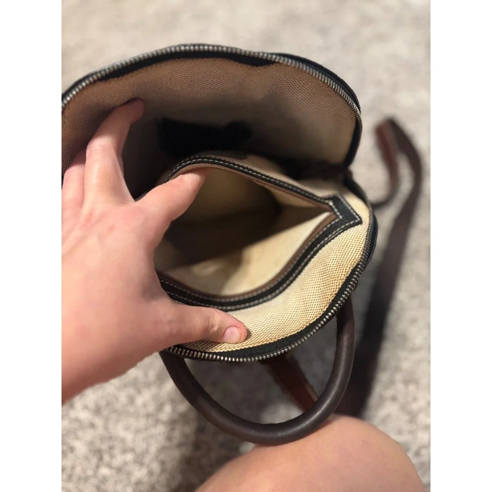 Dooney & Bourke Vintage Black Pebbled Leather Dome Backpack Brown Straps